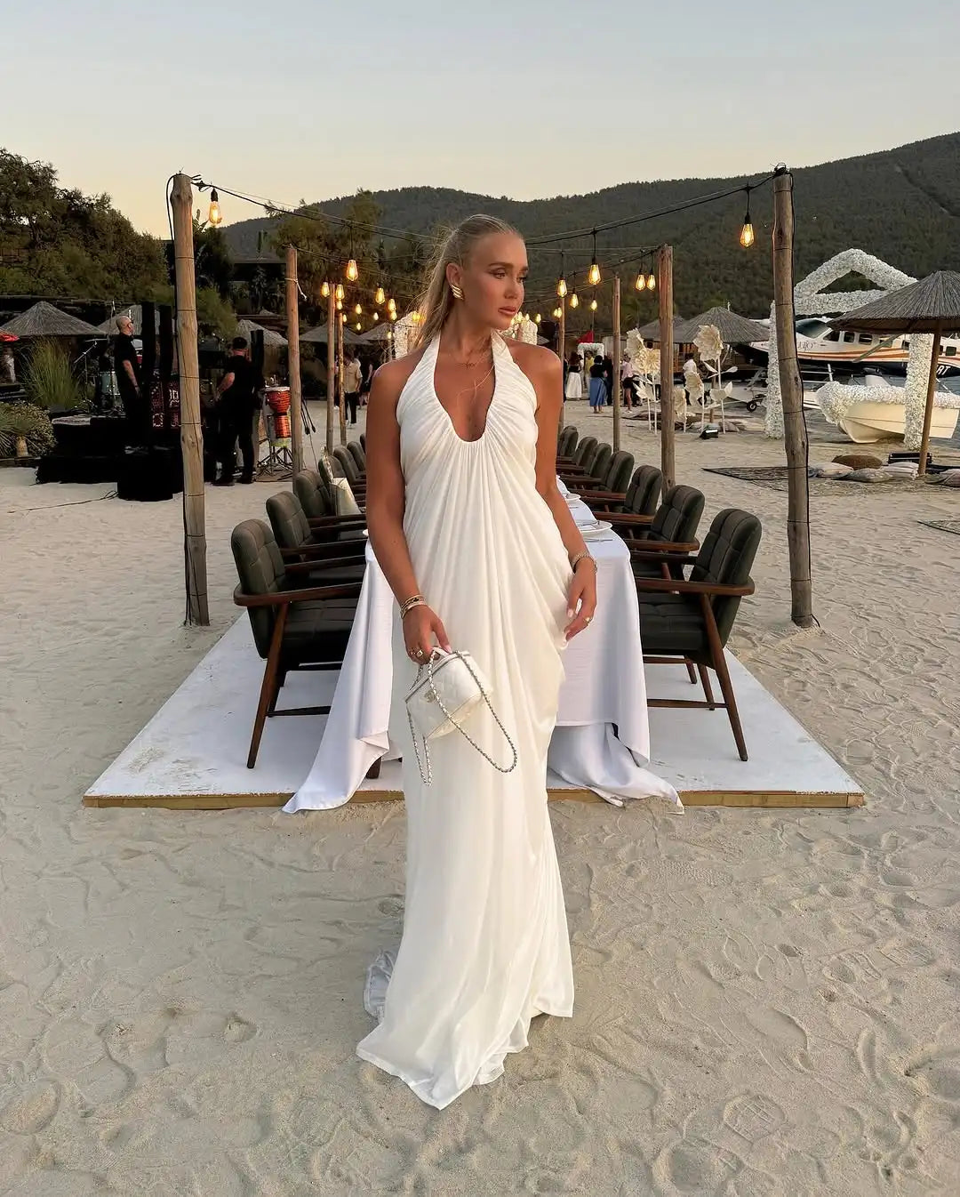 Women Solid Halter Backless Pleated Maxi Dress