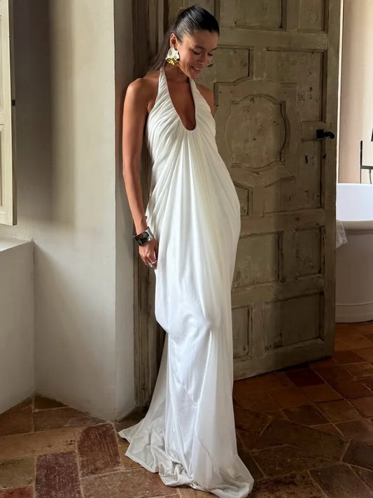 Women Solid Halter Backless Pleated Maxi Dress